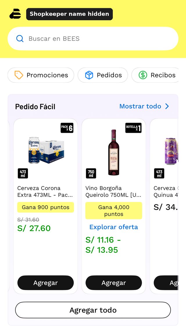The BEES app home page today: products in the Pedido Fácil carousel show yellow 'Gana 900 puntos' and 'Gana 4,000 puntos' reward badges next to the price
